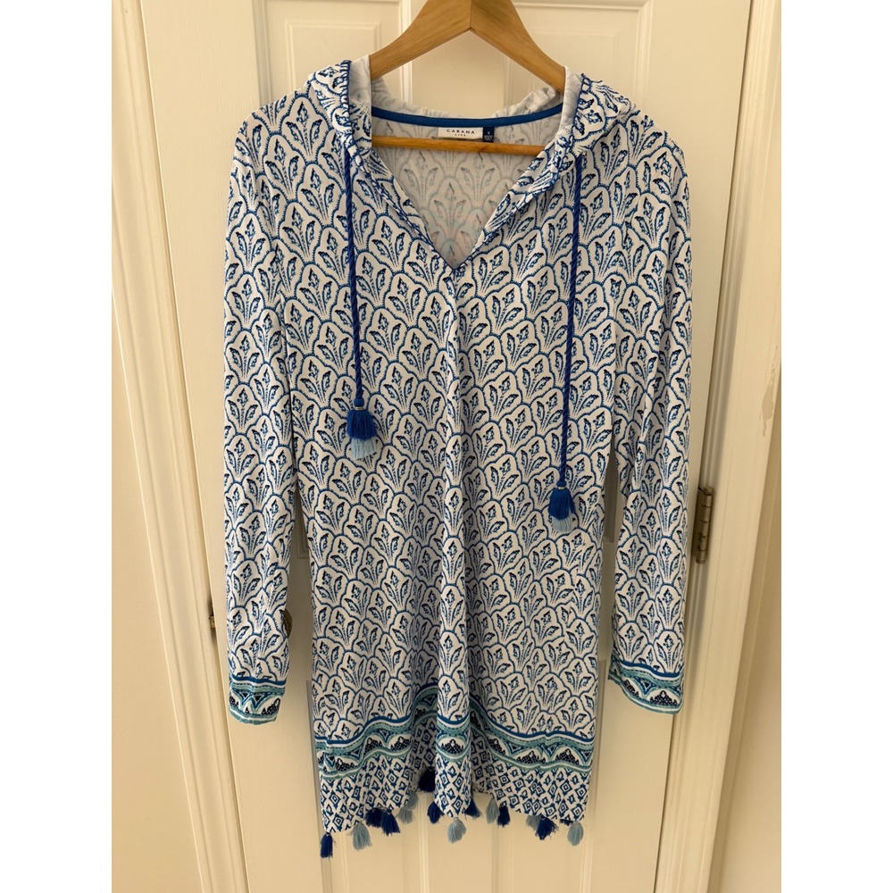 Cabana Life Womens Blue White Printed Hooded Tassel Cover Up Dress UPF 50+ Small